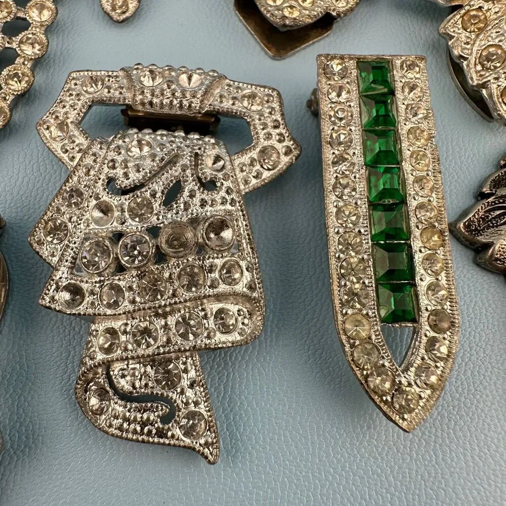 Vintage Rhinestone Dress Fur Clip Lot Silver Tone Art Deco Floral Some Pot Metal